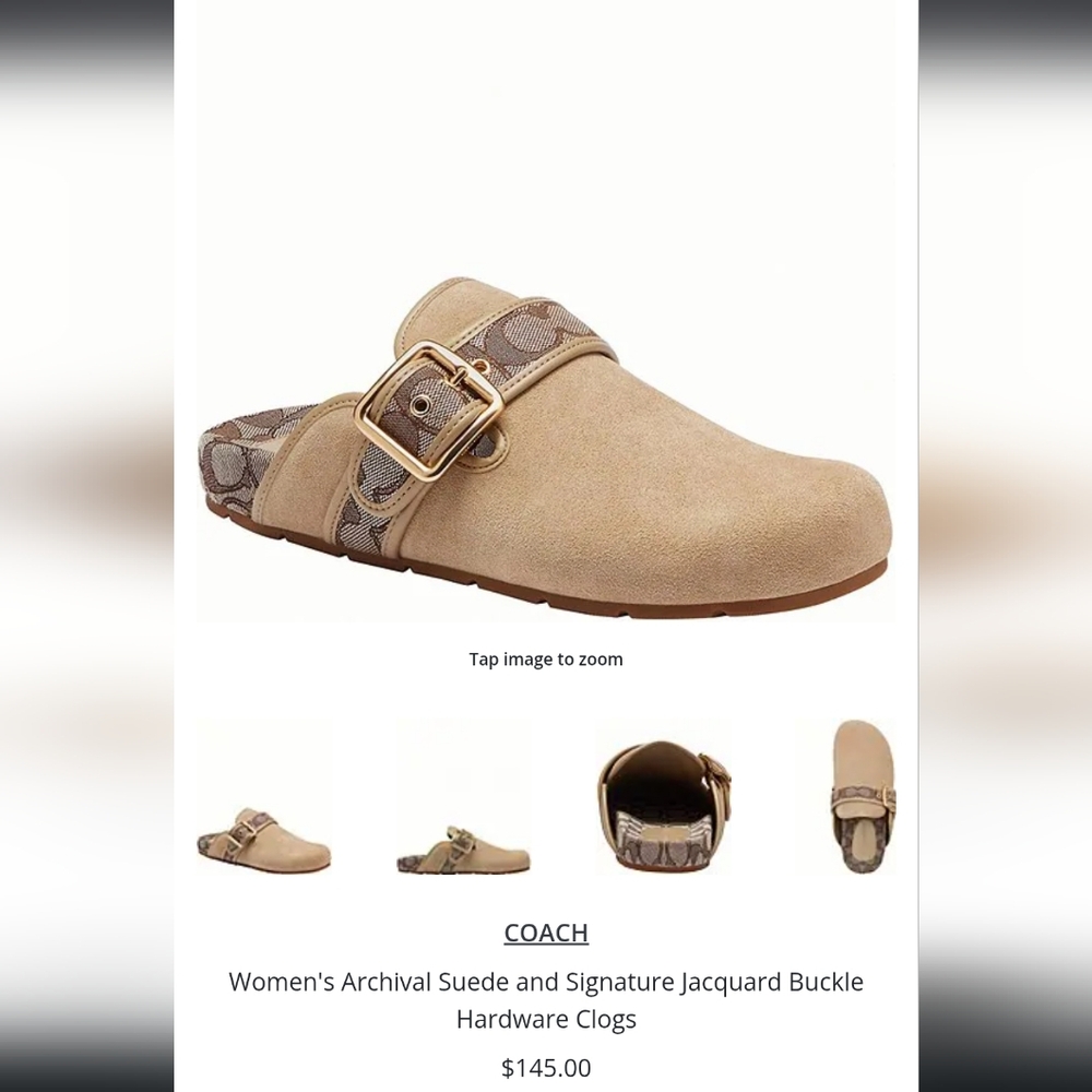 Coach Women's Beige Suede Clogs with Patterned Strap